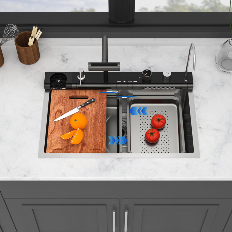 Évier de cuisine à cascade 30 po - Station de travail à rebord à simple cuve en acier inoxydable de 30 po x 19 po x 9 po avec robinet coulissant intelligent