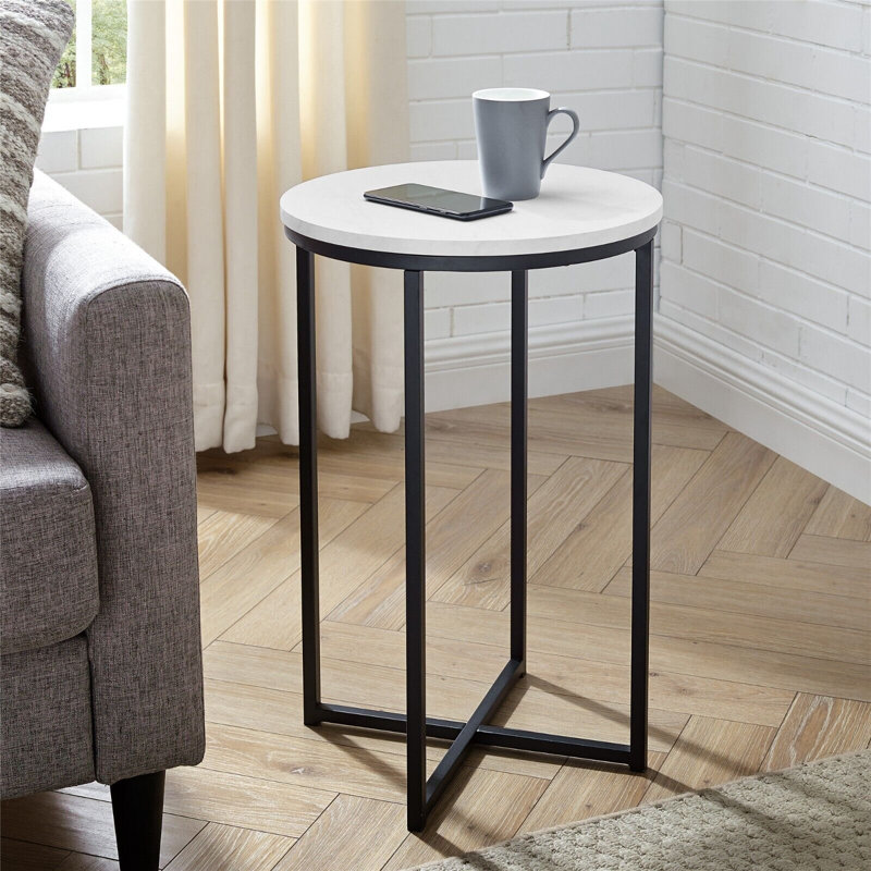 Mugsy Cross Legs End Table, White Marble, Black