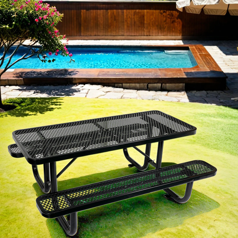 Table de pique-nique d'extérieur - 6 pi Rectangulaire, acier noir, design élégant noir acier, fabrication