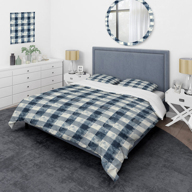 Ensemble de housse de couette moderne Gingham bleu et blanc, Housse de couette simple et deux taies décorative