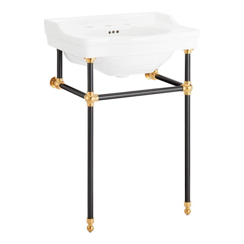 24" Cierra 31" Tall Porcelain Rectangular Console Bathroom Sink with Overflow, Matte Black/Gold