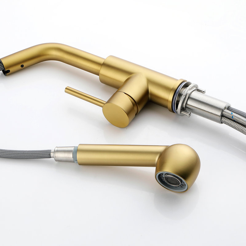 Pull-Out Spray Kitchen Faucet In Gold And Stainless - Construction For Reliable Performance Single Handle Sink Rust Finish Durability