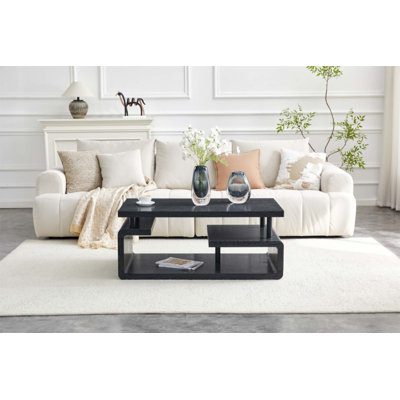 Table basse à trois niveaux en panneau de fibres à densité moyenne avec finition grain de bois, rangement multicouche moderne pour le salon et le bureau