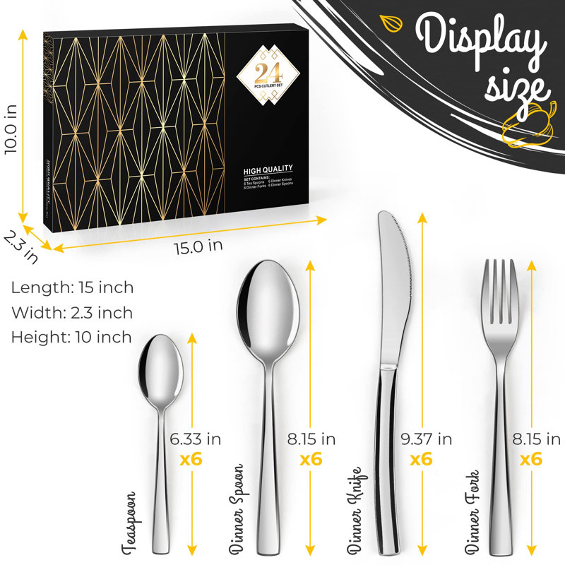 Laundes Cutlery Set, 24 Piece Cutlery Set Stainless Steel Flatware Silverware Set Including Dinner Knife Fork Spoon And Teaspoon Mirror Polished & Dishwasher Safe Cutlery Utensil Set Service For 6 (Silver)