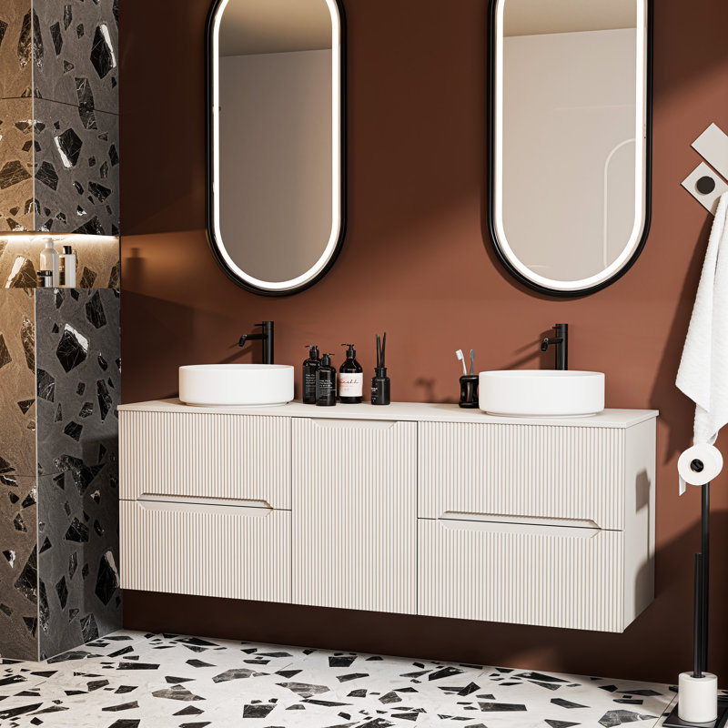 PERLA 160 cm Double Bathroom Cabinet with Countertop and Laundry Basket, , Cashmere