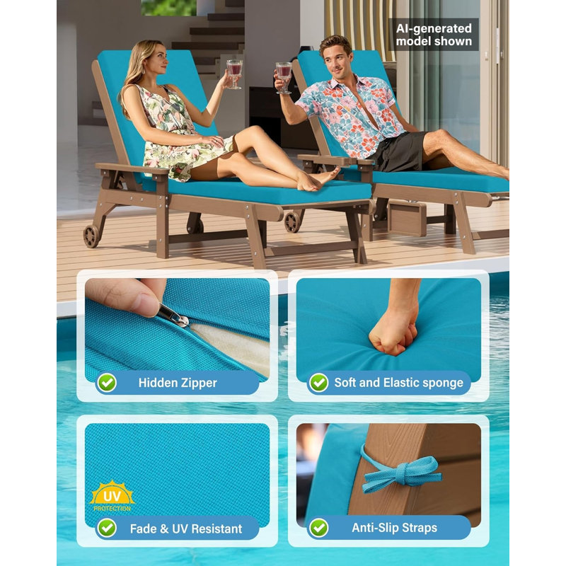  Outdoor Chaise Lounge Cushion Olefin Fabric Waterproof Fade-Resistant, Blue