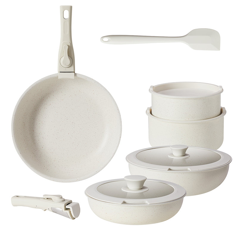 12-Piece Detachable Handle Non-Stick Granite Cookware Set, Home Kitchen Pots and Pans Set, White