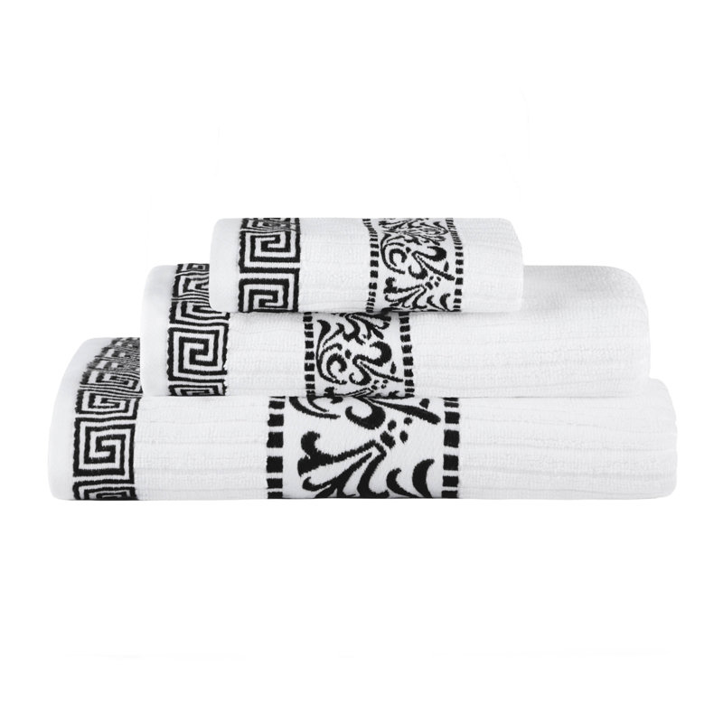 Jiro Athens 100% Cotton Medium Weight Floral Border Assorted Towel Set, White/Black