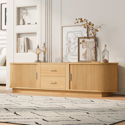 Meuble télé moderne avec tiroirs, rangement coulissant caché, coins arrondis et surface imperméable, convient aux téléviseurs de 65 à 70 po