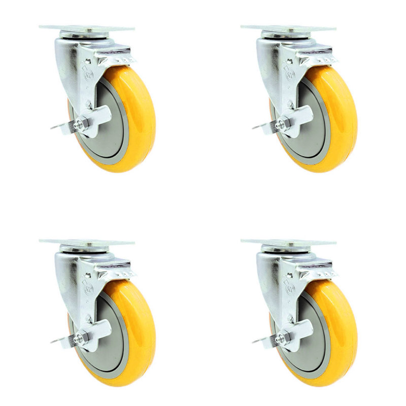 Ensemble de roulettes à plaque pivotante en polyuréthane jaune 5 pouces avec frein SCC