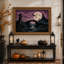 Pont de pierre et tour en ruine sous une lune violette - Toile murale d'Halloween-1681945348