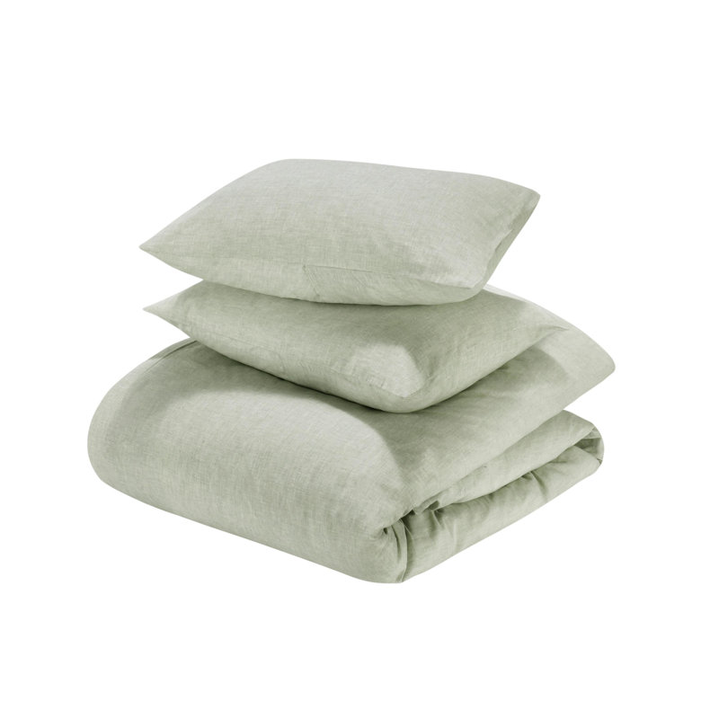Jayson 3-Piece Linen Blend Fabric Sage Queen Duvet Set, King Duvet Cover + 2 King Shams