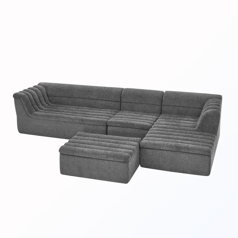 U-Shaped Modular Sectional Sofa With Wave-Shaped Armrest, Dark Gray Chenille
