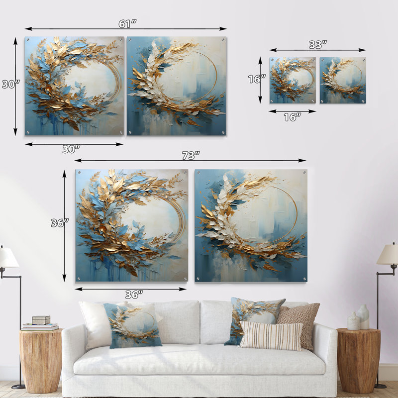  de fleurs bleue et dorée - ensemble de 2 art mural en verre acrylique, H 36 po x l 73 po