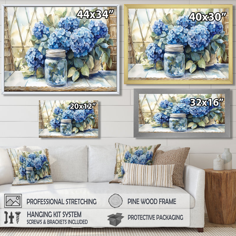 Doris hydrangées et eucalyptus II - hydrangées, art mural, Argent argent, H 12 po x l 20 po, Impression encadrée flottante