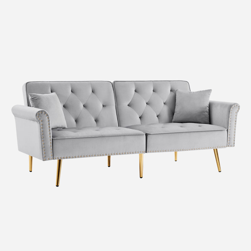Canapé-lit simple à dossier capitonné en velours de 76,7 po de largeur, H 32,2 po x l 76,7 po x P 33 po, Gris clair