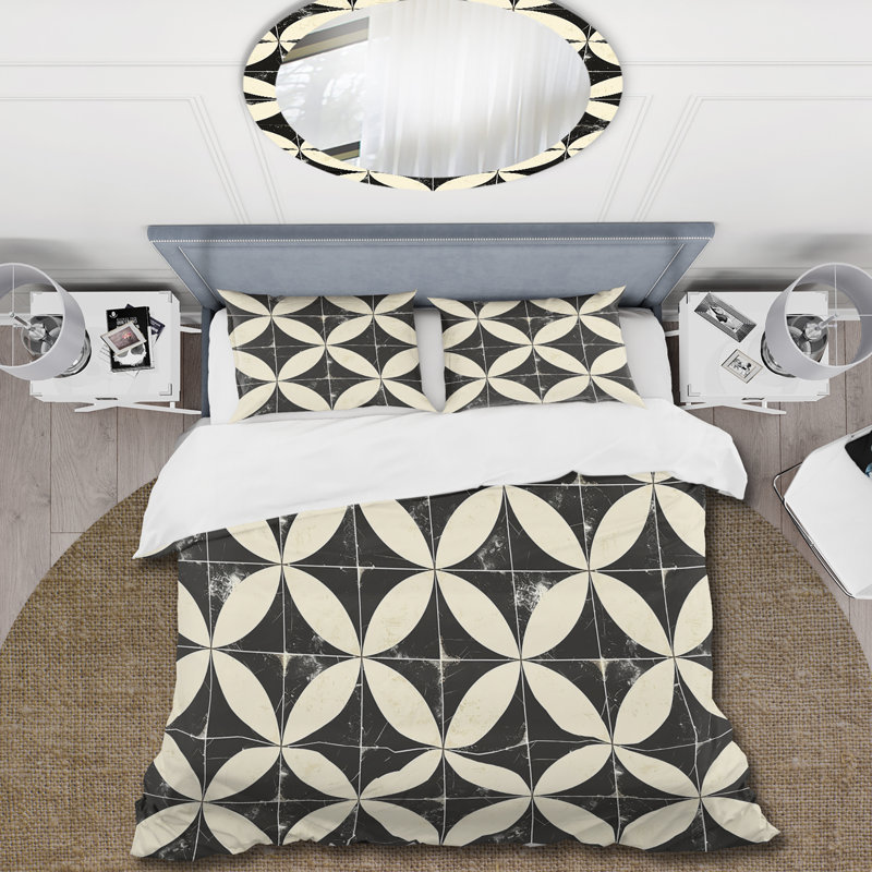 Ensemble de housse de couette beige et noir Midcentury Tiles - Midcentury, Housse de couette pour grand lit + 2 taies décora
