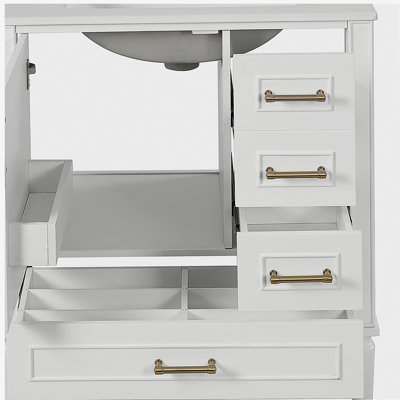 Ensemble de meuble-lavabo traditionnel 30 po, avec trois tiroirs, portes à fermeture douce, avec longues poignées en métal doré - pour les petites salles de bain