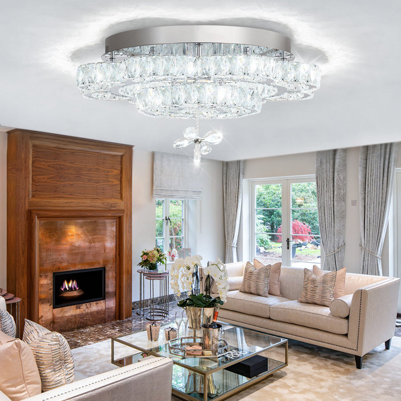 23" Crystal Chandelier Flush Mount Dimmable Chandelier, Gold