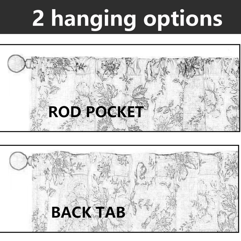Linen Blend Curtains, Floral,  Back Tab / Rod Pocket, 2 Panels Set, 50" W x 84" L