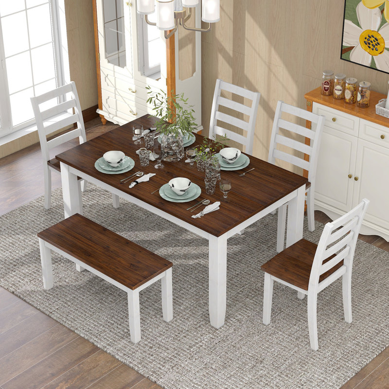Ensemble de table de salle à manger de style rustique 6 pièces avec 4 chaises ergonomiques et un banc, Blanc / noyer 