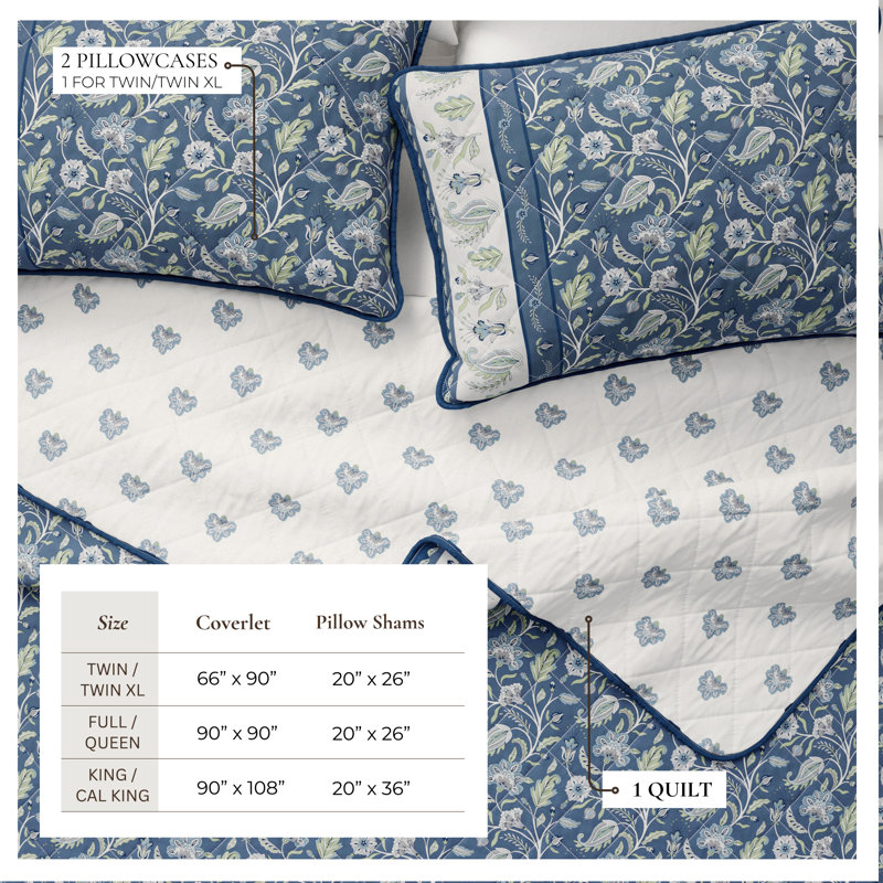 Ensemble de courtepointe à bordure florale en coton, Motif floral bleu, Courtepointe double et 2 taies décoratives standa