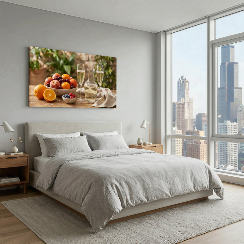 Agrumes et baies avec flûtes à champagne sur une table en bois, art mural, L 46 po x H 24 po