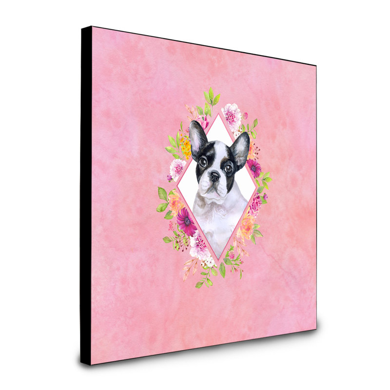 Panneau mural Dollman Flowers, Rose, Bouledogue français noir / blanc