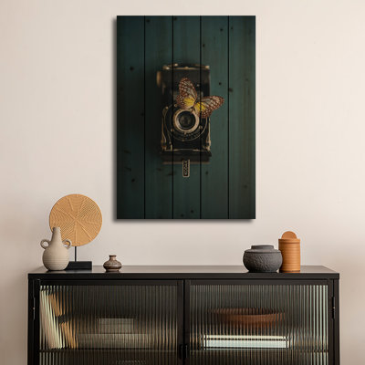 Wood Wall Art Print - A Vintage Camera And A Butterfly by Laura Evans