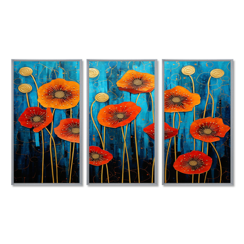 Red Poppies Magical Night - ensemble de reproductions d'art mural coquelicots, Encadrement argenté