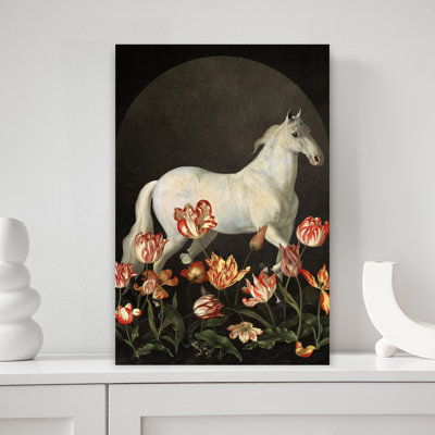 Cheval blanc en fleurs, art dramatique classique, tulipe, nature, printemps