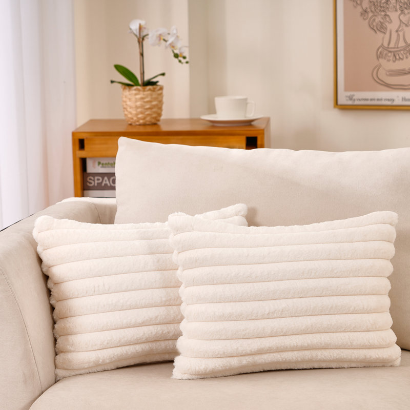 Striped Faux Fur Reversible Pillow Cover, White