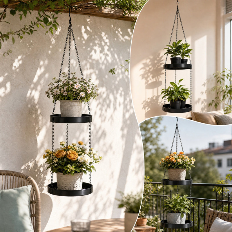 Casquette de baseball, panier de fleurs suspendu pour jardinage intérieur et support de jardinière suspendu à deux niveaux en métal ajouré