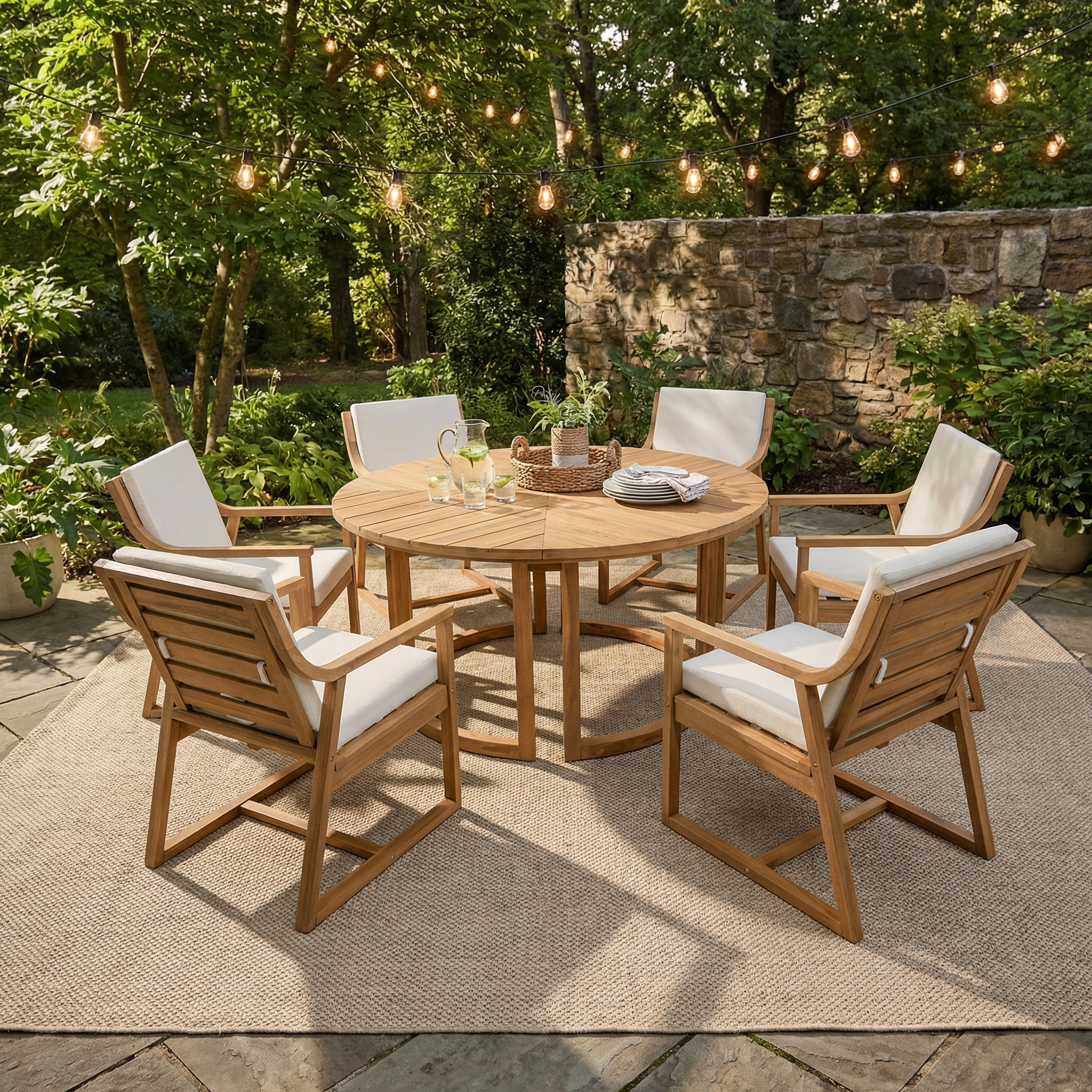 7-Piece Round Acacia Wood Patio Dining Set with Ergonomic Chairs and Removable Cushions - Light Teak