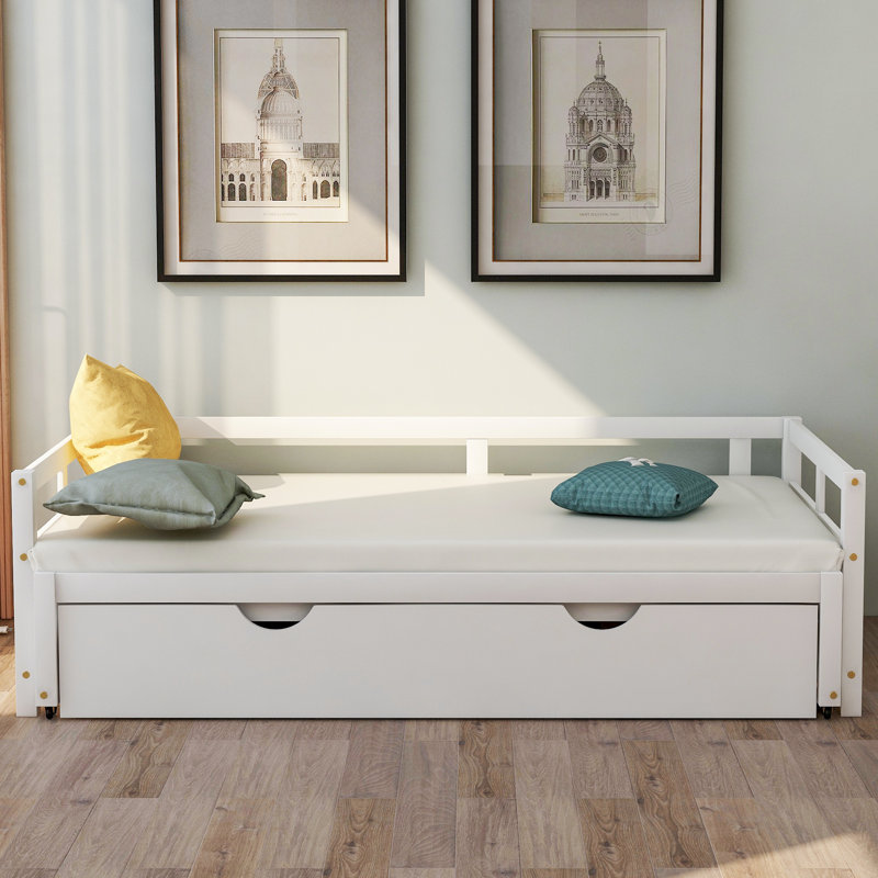 Lit de jour extensible avec couchette, lit de jour en bois avec couchette, Blanc