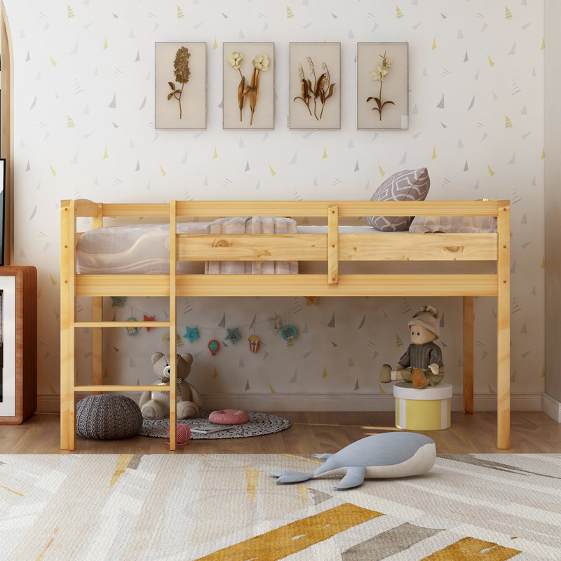 Lit mezzanine bas simple en noyer avec échelle, structure de lit simple en bois massif pour les petits espaces pour enfants