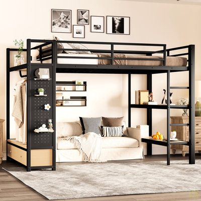 Structure de lit mezzanine avec garde-robe, lit mezzanine en métal avec tablettes de rangement et panneau perforé