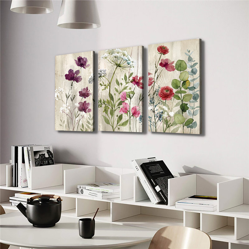 Aquarelle, fleurs sauvages sur bois - ensemble de 3 impressions sur toile, 20 * 30 pouces * 3