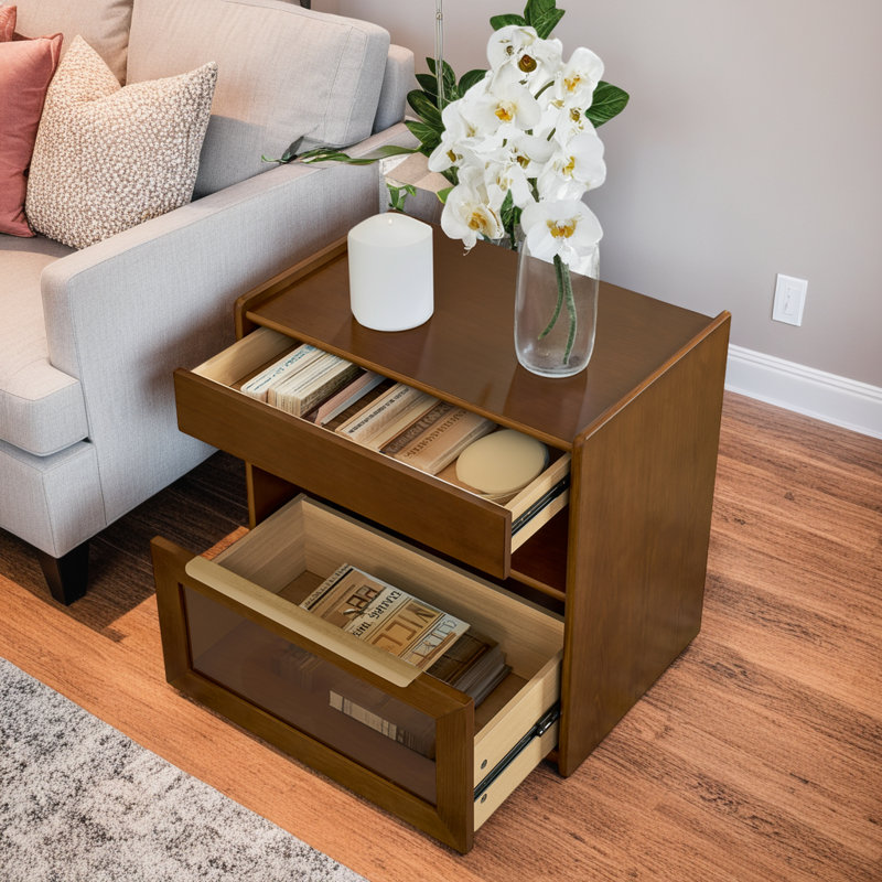 Table de bout avec tiroirs en verre, ports USB et prises USB, 2 tiroirs et tablette