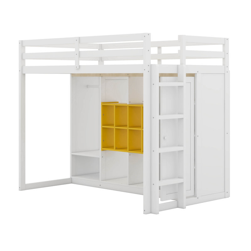  Wood Loft Bed With Wardrobe, Storage Shelves And Cabinet, White/Yellow, Twin
