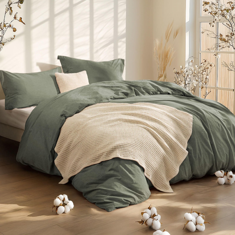 Bedsure Cotton Comforter with Throw Waffle Blanket and Decorative Pillow,Bedding Comforter Sets, Olive Green