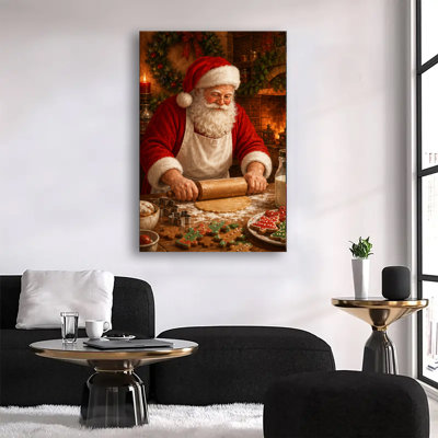 Vintage Santa Baking Gingerbread Cookies By Warm Fireplace, Christmas Holiday Canvas Wall Art