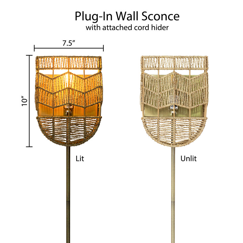 25.75"H Deidamia Brushed Gold Iron Wall Sconce with Hemp Rope Shade
