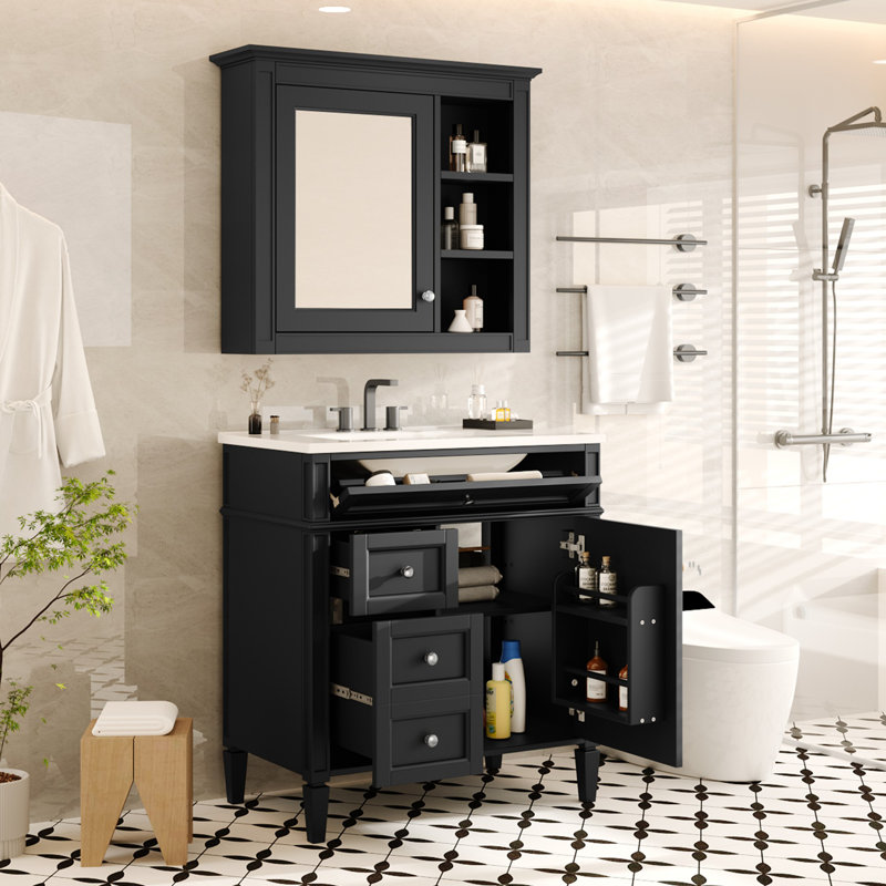 Meuble-lavabo de 30 po avec lavabo en céramique et armoires de toilette, Noir, noir, noir, noir