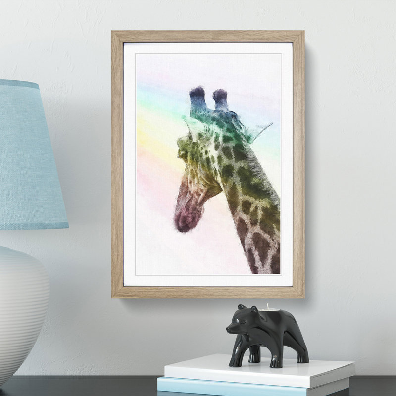 Giraffe Facing the Rainbow - Picture Frame Painting Print, 87cm H x 62cm W x 2cm D, Oak Framed