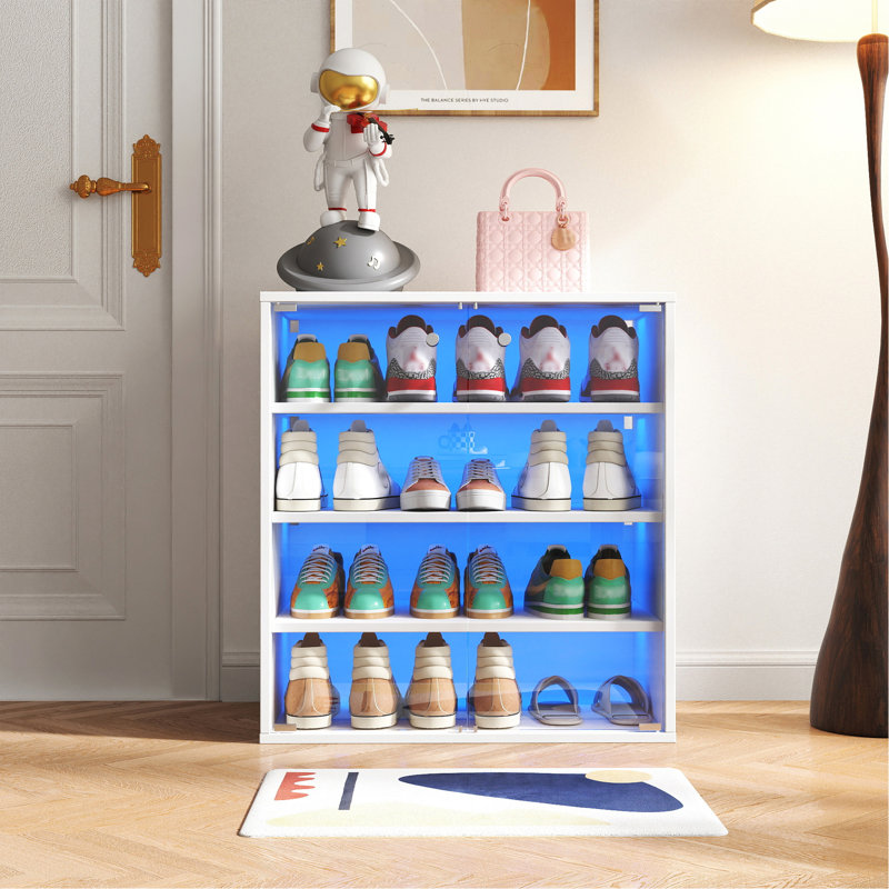 Shoe Box With Rgb Led Light, Wooden Stackable Shoe Storage Box With Glass Door, Shoe Storage Bin Shoe Display Case For Sneakers (4 Tier-1)