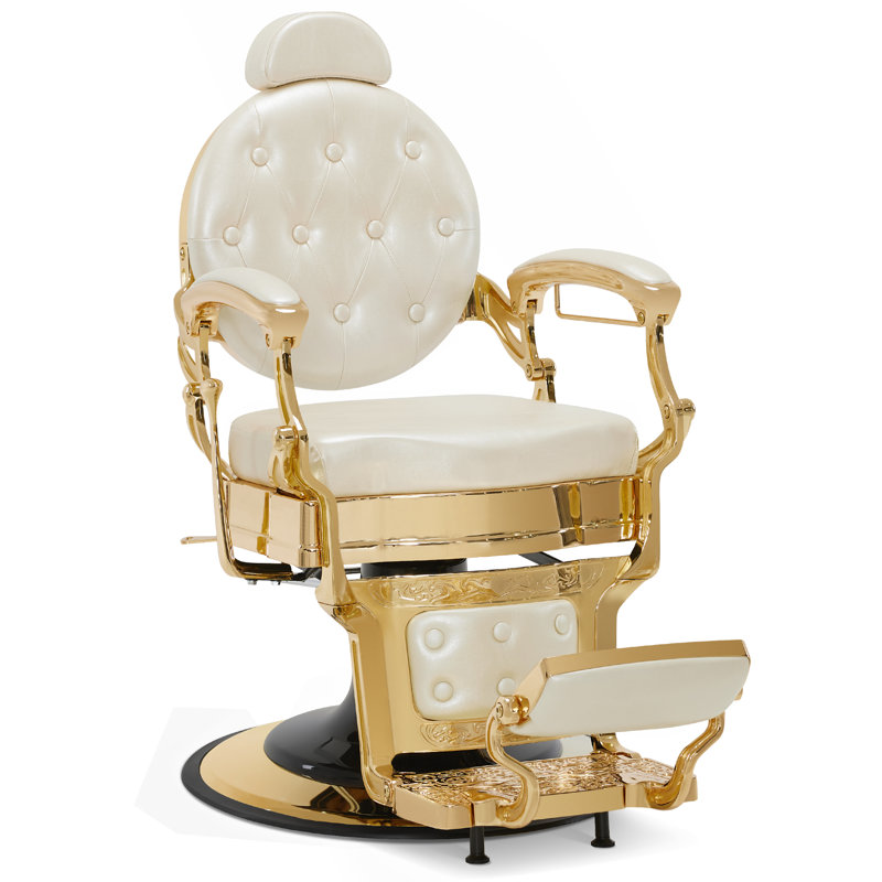 26" Wide Vintage Heavy Duty Barber Chair with Metal Frame, Swivel Salon Chair, Faux Leather, White, Gold