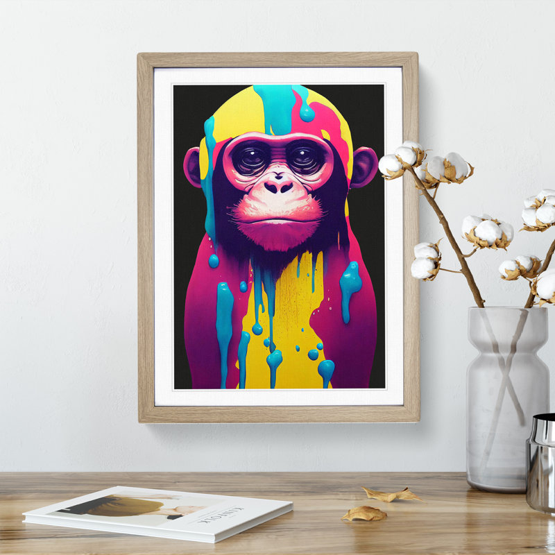 Paint Drip Monkey No.2 - Wall Art, 34cm H x 25cm W x 2cm D, Oak Framed