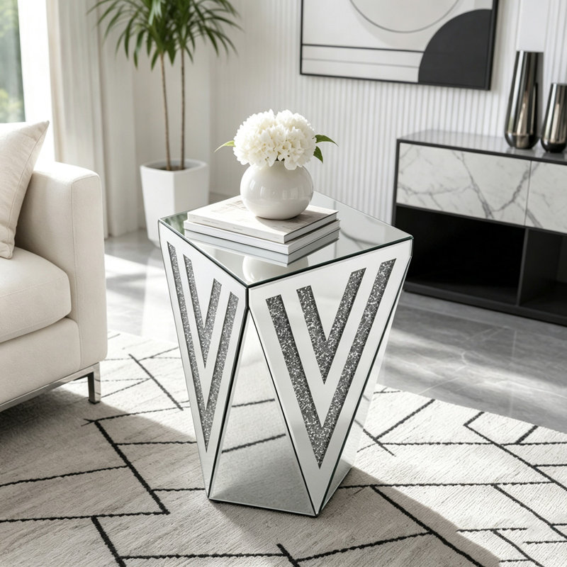 Table carrée à miroir triangulaire inversé avec incrustation de diamants en cristal, 21.65" H x 13.8" W x 13.8" D