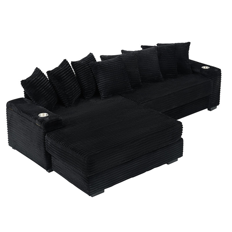 Chambre en velours côtelé de 111,4 po, porte-gobelet et accoudoirs de rangement, méridienne réversible, accoudoir confortable en tissu élégant avec rangement, pour le coin salon, hauteur